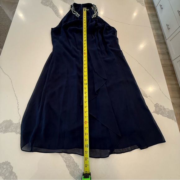 SLNY Sleeveless Halter Beaded Neck Flowing Layered Navy Dress Women’s 14 NEW - Picture 9 of 12